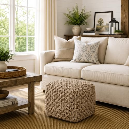 Casafield Square Pouf Ottoman, Beige Ivory - 18.5" W x 18.5" D x 14.5" H Cotton Knit Foot Stool - Boho Floor Pouffe for Living Room, Bedroom, Office - color: Beige Ivory, size: 18.5"D x 18.5"W x 14.5"H