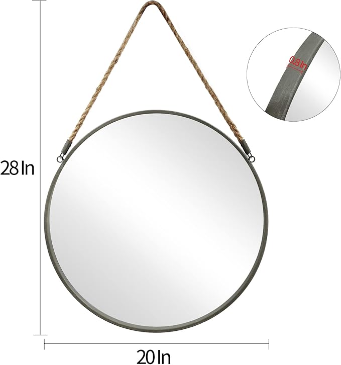 POZINO Round Hanging Mirror, Circle Wall Mirror with Rope, 20 Inch Farmhouse Mirrors for Bathroom Bedroom Living Room Entryway Home Decor, Grey