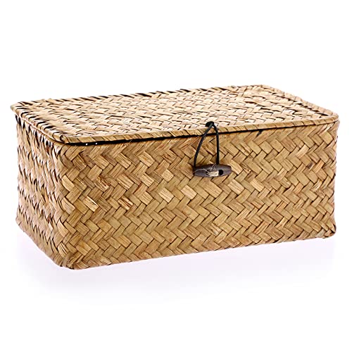 Hipiwe Wicker Shelf Baskets Bin with Lid, Handwoven Seagrass Basket Storage Bins Rectangular Household Basket Boxes for Shelf Wardrobe Home Organizer, Caramel X-Small - color: Caramel, size: X-Small