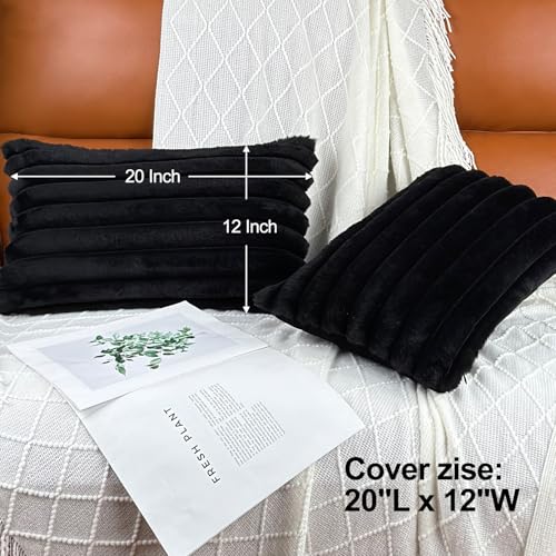 20" x 12" Black Throw Pillow Covers Pack of 2, Soft Fluffy Faux Fur Decorative Pillows for Couch, Bed Cover with Velvet Back for Living Room, Home Décor for Sofa (50cm x 30cm, No Inserts Included) - color: Black, size: 20" x 12" (Pack of 2)