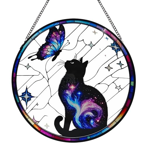 Black Cat Stained Glass Window Hanging, 9.8'' Black Cat & Butterfly with Nebula Design Suncatcher Indoor Outdoor Home Decor for Cats Lovers, Gift for Halloween - color: Black Cat