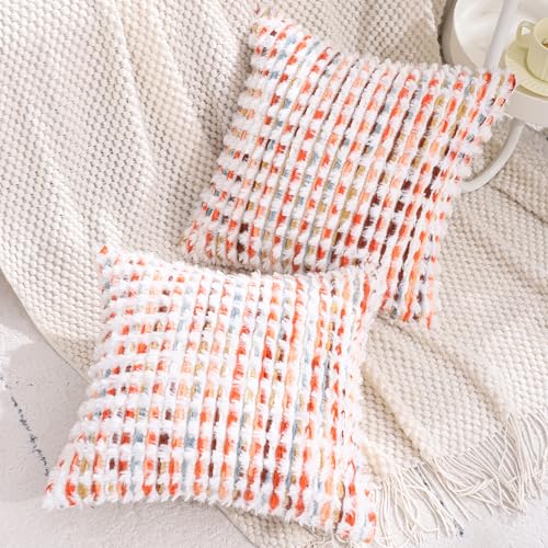LUOYEHK Boho Throw Pillow Covers 16x16 Inch Set of 2 Chenille Tufted Pillowcase Farmhouse Neutral Cushion Covers for Couch Sofa Bed Living Room, Orange Red - color: Orange Red, size: 16" x 16" (Pack of 2)