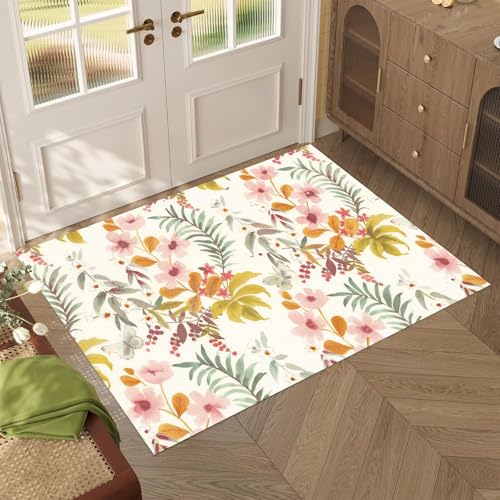 Boho Floral 1.5 x 2.5ft Area Rug for Bedroom Non Slip, Washable Rug for Living Room Ultra-Thin Dining Room Rugs for Under Table, Vintage Print Soft Floor Rug for Entryway Office - color: Golden Yellow and Peach, size: 1.5 x 2.5ft / 18 x 30in / 45 x 75cm