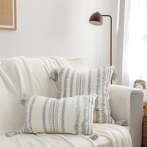 decorUhome Summer Decorative Boho Throw Pillow Covers 12x20 Set of 2, Lumbar Accent Neutral Textured Tufted Pillow Covers Striped for Couch Bed Sofa Living Room, Grey and Cream White - color: Grey and Cream White, size: 20" x 12" (Pack of 2)