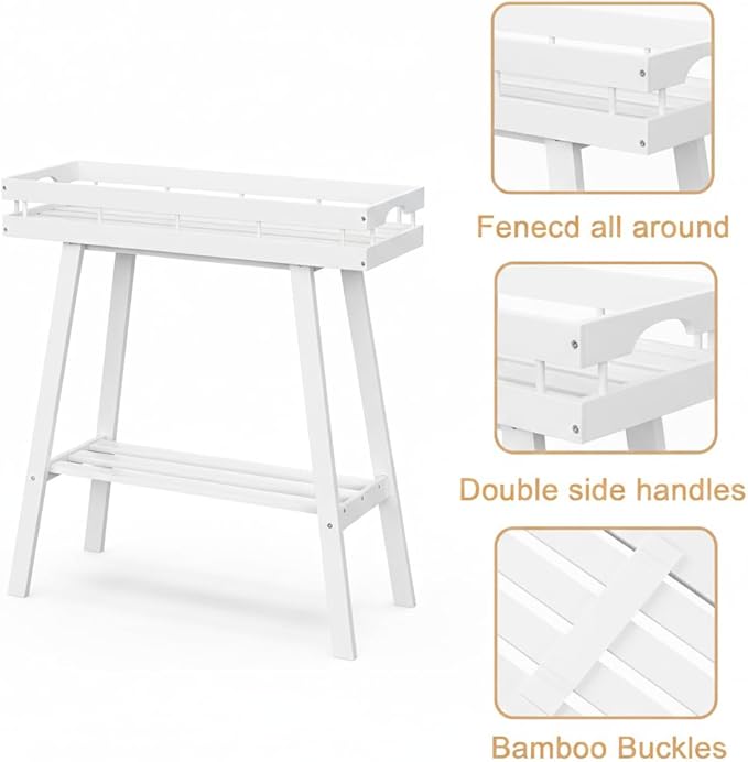 BAMBANG Bamboo Plant Stand Indoor, 2 Tier Small Plant Table, Tall Plant Stand for Indoor Plants, Window Sill Plant Shelf, Flower Pot Holder Plant Bench Plant Rack for Living Room, White