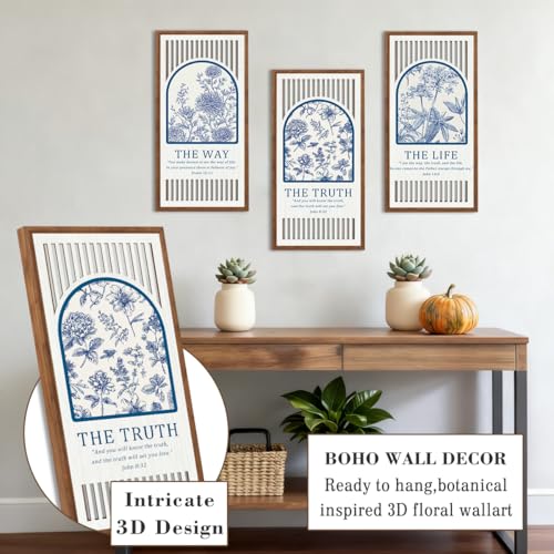 BINCUE Jesus Wall Art Flower,Christian Bible Wall Art Florals,Bible Verse Artwork,Blue White Flower Hanging Decor,Modern Scripture Wood Wall Decor for Living Room Bedroom Home 8x16 Inch Set of 3 ﻿ - color: Bule & White