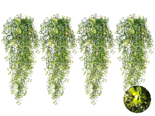 RECUTMS Pack of 4 Ferns Artificial Plants Large Artificial Hanging Plants Faux Ivy Vine Fake Greenery Wall Plants with LED Lights for Room Garden Patio Porch Bathroom Kitchen Decor (Green) - color: Green-light