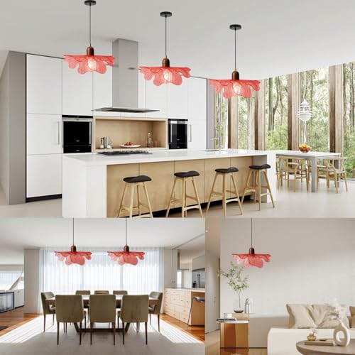 Modern Flower Pendant Light Fixture 13" Glass Hanging Light Wooden Chandelier Red Adjustable Pendant Lighting for Bedroom Dining Room Entryway - color: Red, 1 Light