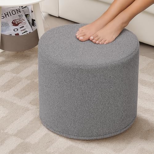 Grey Round Ottoman Foot Rest Stool – Modern Boucle Fabric Footstool with Soft Foam Filling, Lightweight Pouf for Living Room, Bedroom, Home Office – Neutral Grey - color: Grey