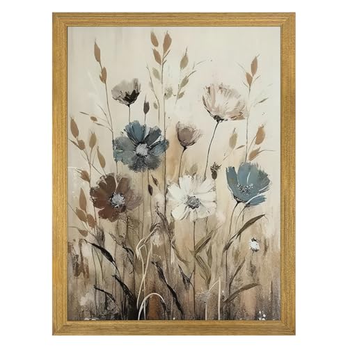 Yaneiro Wood Framed Vintage Wildflower Wall Art, Boho Canvas Wall Decor Paintings, Sage Flower Bathroom Decor, Countryside Farmhouse Landscape Posters Print for Bedroom Hallway Living Room 12x16 Inch - color: Gray Wildflowers, size: 16"L x 12"W