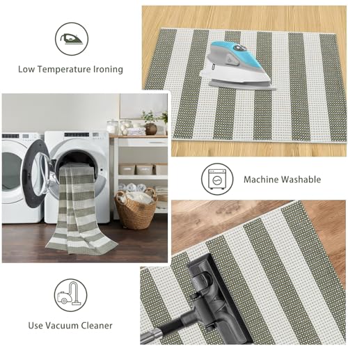 Green and White Striped Outdoor Rug 5x7, Washable Cotton Woven Patio Rug, Reversible Foldable Front Porch Decor Indoor Outdoor Rugs for Farmhouse/Living Room - color: Green, size: 5'x7'