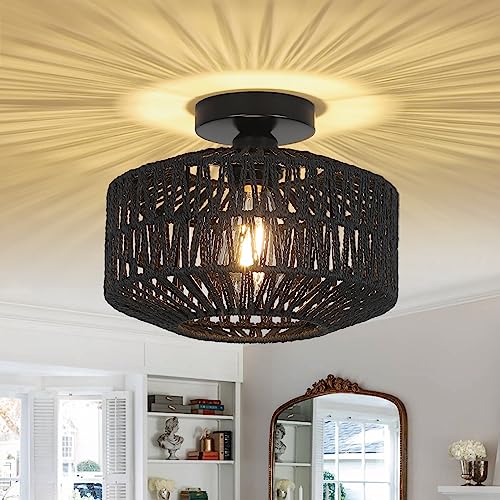 Rattan Light Fixtures Ceiling Mount,Boho Ceiling Light Fixture with Dimmable LED Bulb，Mini Hand Woven Rattan Chandelier Light Fixtures Ceiling for Bedroom Kitchen Entryway Living Room Hallway（Black） - color: Black