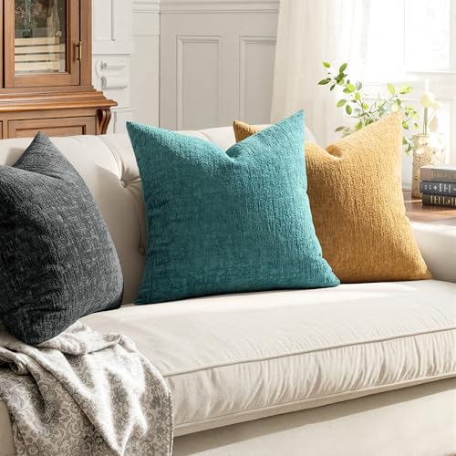 MIULEE Decorative Throw Pillow Covers 18x18 Pack of 2 Teal Blue Spring Couch Pillow Covers Soft Cozy Textured Chenille Pillowcases for Home Decor Sofa Living Room Cushion Bedroom - color: Teal Blue, size: 18" x 18" (Pack of 2)