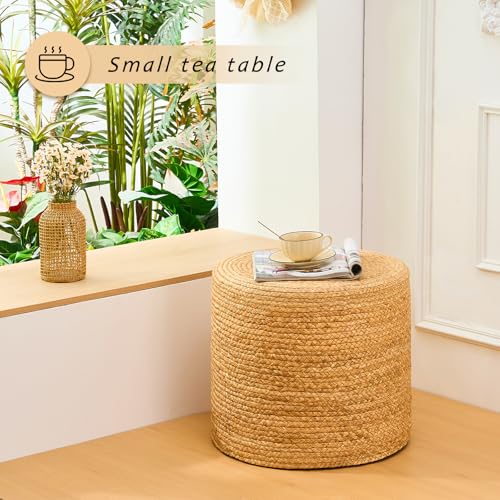 Handwoven Ottoman Pouf, Natural Water Hyacinth Footstool, Round Braided Outdoor Seat with Sturdy Frame, Boho Accent Stool for Patio, Balcony, or Garden (Natural) - color: Natural, size: 17.7"D x 17.7"W x 15.7"H