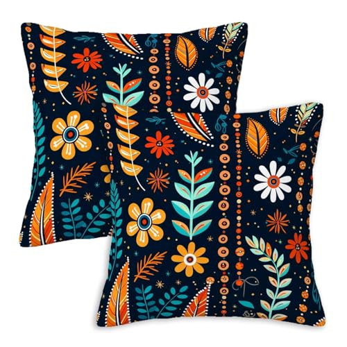 Firmiso Scandinavian Folk Art Throw Pillow Covers 18x18 Set of 2 | Floral Decorative Cushion Covers for Sofa Couch Bed | Boho Nordic Inspired Home Decor Pillow Cases | Navy Blue Orange Accent - color: Folk Art