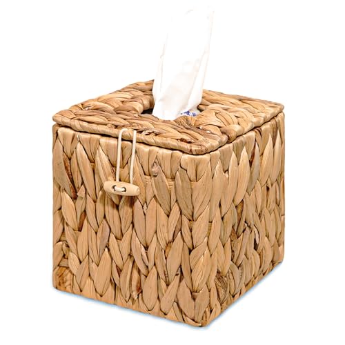 PINXIURY Tissue Box Cover Square Handwoven Rattan Tissue Box Holder, Natural Handmade, Boho Decorative Handcrafted Square Facial Tissue Holder with Lid, Rustic Decorative on Table and Bathroom, Office - color: Water Hyacinth (With Lid), size: Single