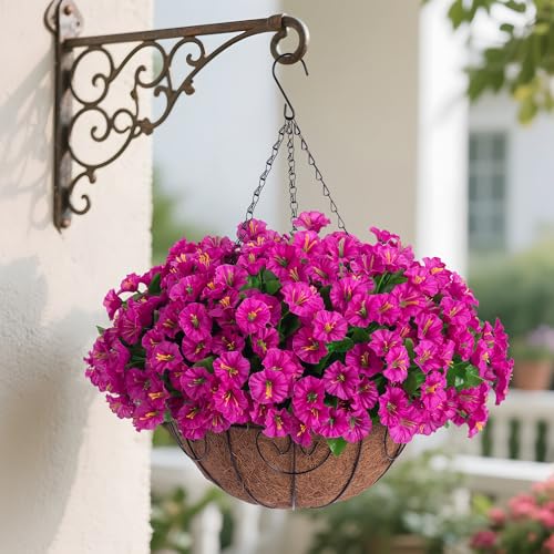 Ammyoo Artificial Hanging Flower Plants with Basket for Outdoor Decoration, Faux Petunias Flowers Fake Morning Glory Planter for Outside Patio Garden Porch Balcony Yard Decor(Fuchsia) - color: Fuchsia