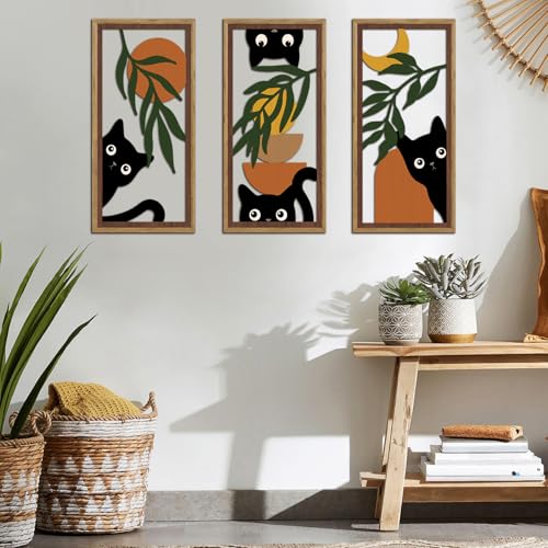 KAIRNE Boho Black Cat Wall Art,Green Leaves Wood Wall Decor Set of 3(16”X8”),Farmhouse Geometric Wooden Cat Wall Decor,Mid-Century Bohemian Moon Sun Design for Friends Family Bedroom Living Room Decor - color: Cat Boho, size: 8"L x 16"W