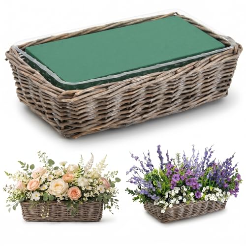 Dandat 1 Set Rectangular Wicker Planter Box for Centerpieces Rattan Planter Basket Kit with Floral Foam & Clear Plastic Liners for Wedding Table Decor, Gardening & Home Decoration