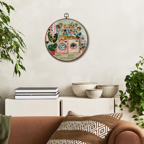 JUIOEIU Trendy Retro Leopard Laundry Room Round Wall Decor, Maximalist Laundry Framed Canvas Prints, Tropical Botanical Cheetah Animal Wall Art Hanging Decorations for Washroom Decor, 10x10in - color: Laundry room06