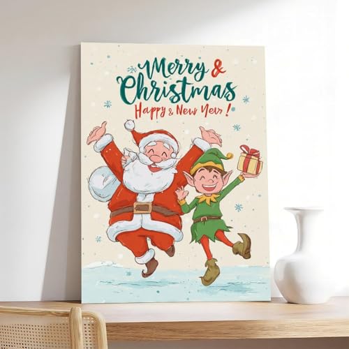 JDBeehpy Merry Christmas & Happy New Year Wall Art Poster Santa Claus and Elf Frameless Canvas Print Painting Lively Cheerful Home Decor Mural 08x12inch(20x30cm) - color: Elf Unframe, size: 12L" x 8W"