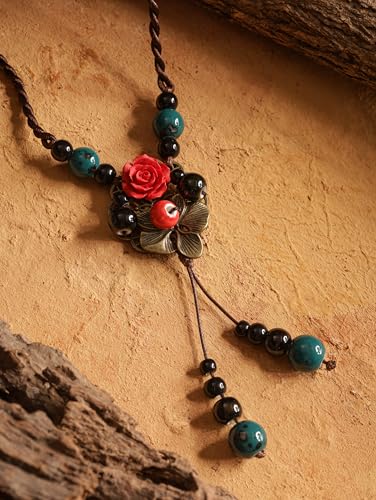MINACHI Vintage Bohemian Colorful Ceramic Bead Antique Flower Y Necklace, Vintage Boho Hippie Statement Jewelry Gift for Women - color: S09