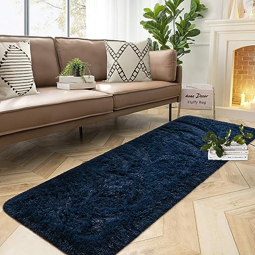 DweIke Fluffy Navy Blue Runner Rugs for Bedroom, 2x6 Feet Soft Plush Long Runners for Girls Boys Kids, Non-Slip and Machine Washable Bedside Rug, Small Throw Carpet for Hallway Rooms Decor - color: Navy Blue, size: 2 Ft X 6 Ft