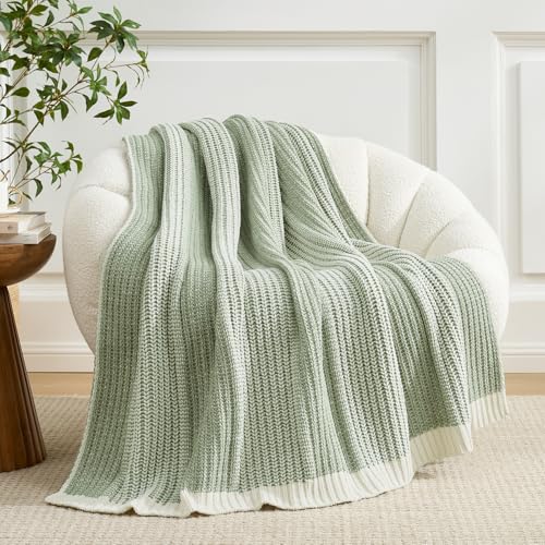 Amélie Home Premium Chenille Throw Blanket, Soft Cozy Luxury Two-Tone Knit Blanket for Couch, Sofa, Chair, Home Decor, Sage Green & Ivory 50"x60" - color: Two-tone Sage Green, size: 50" X 60"