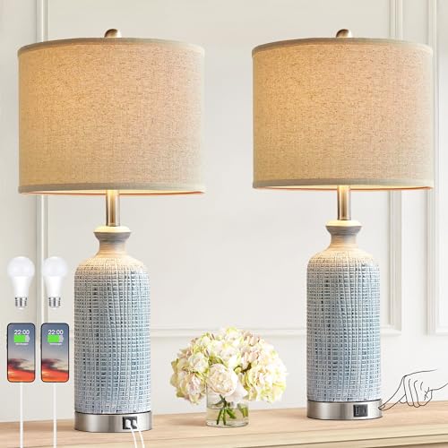 Living Room Lamps Set of 2, 27" Touch Lamps for Nightstand with USB A+C Ports, Modern Farmhouse Table Lamps for Bedroom, 2 Bulbs Included - color: Blue