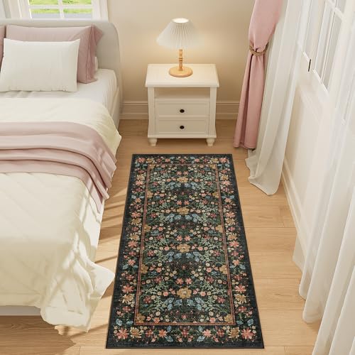 DUKINO 2x4 Rug for Entryway, Lightweight Washable Runner Rug with Non Slip Backing, Vintage Floral Low Pile Small Carpet Runner for Kitchen, Hallway, Entryway, Bathroom, Bedroom, Black - color: Black, size: 2' x 4' (Rectangular)