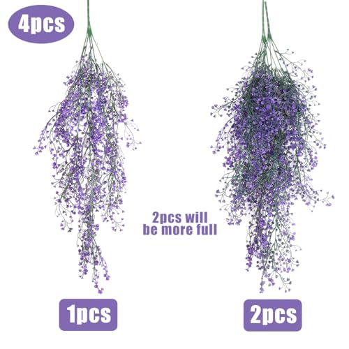 RECUTMS Artificial Hanging Plant 4 Pack Fake Fern with LED Lights Ivy Vines 2.5ft Faux Hanging Greenery Vine for Home Garden Wall Office Wedding Party Decoration (Purple) - color: Purple-light
