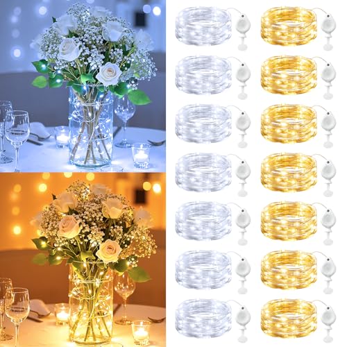 Brightown 14 Pack Warm White and White LED Fairy Lights Battery Operated String Lights, 7ft 20LED Waterproof Silver Wire String Lights, Firefly Starry Moon Lights for Mason Jars DIY Christmas Wedding - color: Warm White+White, size: 14 Pack