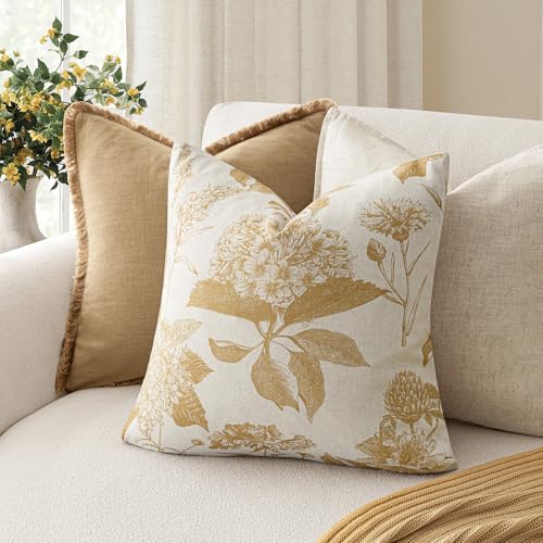 Foindtower Set of 2 Linen Floral Vintage Throw Pillow Covers Neutral Accent Print Decorative Cozy Cushion Covers Farmhouse Home Decor for Sofa Chair Couch Bed Living Room,18×18 Inch,Light Yellow - color: Light Yellow, size: 18" x 18" (Pack of 2)