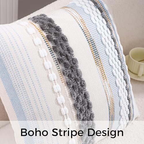 Boho Throw Pillow Covers 18x18 Set of 2 Striped Tufted Decorative Pillow Cases Accent Chenille Pillowcases Farmhouse Cushion Case Home Decor for Sofa Bed Living Room,Grey Blue White - color: Grey Blue White Stripe, size: 18" x 18" (Pack of 2)