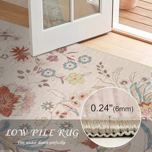8x10 Washable Area Rugs for Living Room, Beige Vintage Boho Floral Rug, Soft Low Pile Thin Carpet, Non-Slip Large Rugs for Bedroom Dining Room Playroom Indoor Farmhouse Nursery Office, Beige-Floral - color: Beige Multi, size: 8' x 10' (Rectangular)