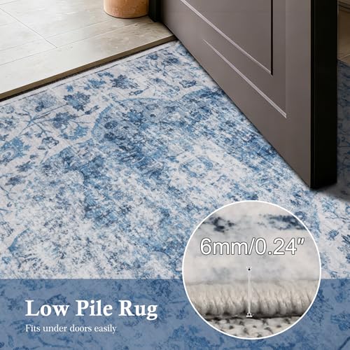 9x12 Washable Area Rug for Living Room, Large Blue Boho Area Rug, Soft Low Pile Non Slip Carpet, Floral Print Mat for Bedroom, Dinning Room,Playroom, Nursery Farmhouse Indoor-Blue/Gray - color: Blue/Grey, size: 9' x 12' (Rectangular)