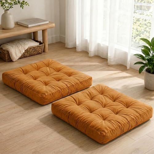 Floor Pillows for Adults Set of 2, Soft Velvet Floor Cushions for Sitting, Square Tufted Floor Pillow Set for Reading Nook, Living Room, Bedroom, 22 x 22 Inch, Orange - color: Orange, size: 2pack