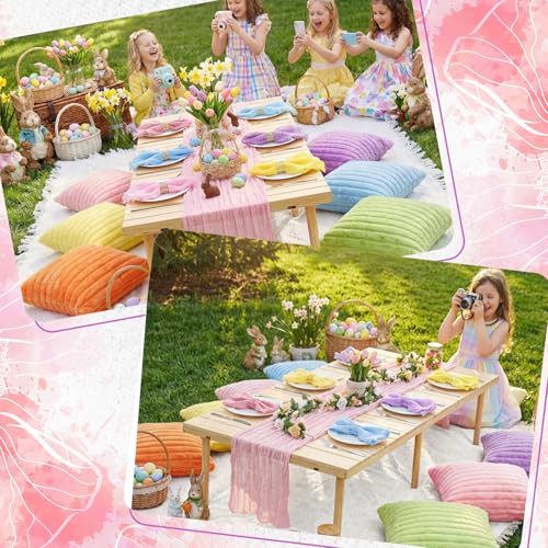 Beeveer 91 x 71 Extra Large Outdoor Boho Picnic Blanket with Pastel Table Runner, 6 Throw Pillow Covers 6 Napkins Woven Cotton Yarn Oversize Beach Blanket Washable Picnic Camp Wedding - color: Pastel
