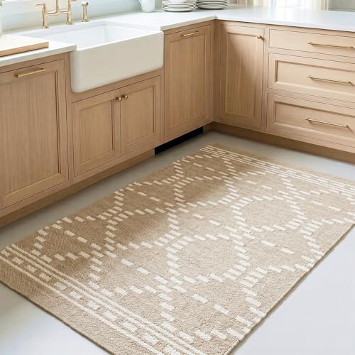 Homespice Dune Geometric Area Rug 3x5' - Cotton Backed Premium Handmade Farmhouse Jute Rugs for Kitchen and Hallway, Medium Soft, Lays Flat, Won't Fray or Shed, Warm Brown with White Accents - color: Dune, size: 3' x 5' (Rectangular)