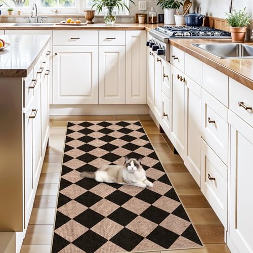 Easy Jute 2x5 Runner Rug: Non Slip Checkered Low Pile Indoor Doormat - Machine Washable Entryway Kitchen Bathroom - Carpet for Dorms Small Spaces Ideal for Young Families First Home (Black/Brown,2x5) - color: Black/Brown, size: 2' x 5' (Rectangular)