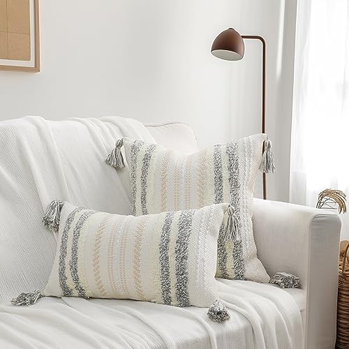 decorUhome Summer Decorative Boho Throw Pillow Cover 12x20, Lumbar Accent Neutral Textured Tufted Pillow Cover Striped for Couch Bed Sofa, Light Grey and Cream White, Pack of 1 - color: Light Grey and Cream White, size: 20" x 12" (Pack of 1)