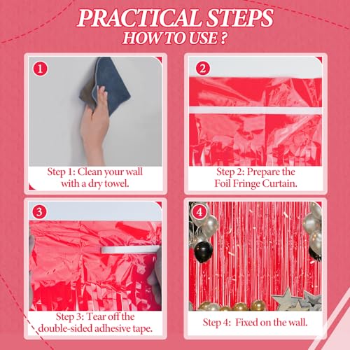 DECOCKRAT 3 Pack Foil Fringe Backdrop - Pastel Red Shiny Tinsel Curtains for Party Decoration/Photo Booth Props - 3.3x8.2 FT Metallic Foil Backdrop for Birthday, Wedding, Graduation, Christmas. - color: Pastel Red