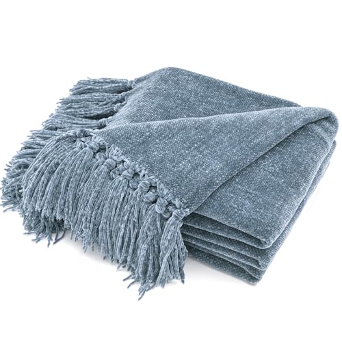 RECYCO Throw Blanket Soft Cozy Chenille Throw Blanket with Fringe Tassel for Couch Sofa Chair Bed Living Room Gift (Dusty Blue, 50'' x 60'') - color: Dusty Blue, size: 50'' X 60''