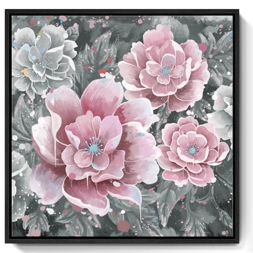 Pink Wall Art Bathroom Décor Modern Framed Floral Wall Picture Black and White Artwork Peony Flower Canvas Print for Bedroom Office Dining Room Décor Small - color: Pink Wall Art, size: 13.5"L x 13.5"W