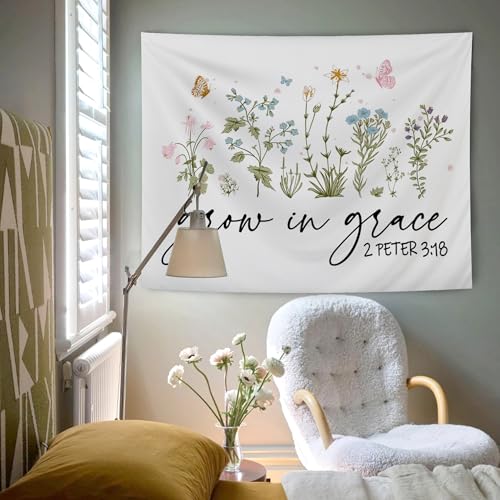 AQYIP Floral Christian Tapestry Wall Hanging, Grow in Grace Butterfly Wildflowers Floral Tapestry Decorative, Bible Verse Wall Blanket Decor for Home Living Room Bedroom, 50x60 Inch - color: 1 - grow in grace