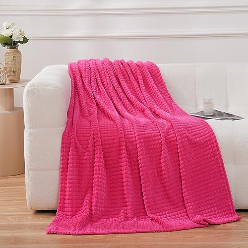 Puncuntex Flannel Fleece Throw Blanket Hot Pink 50"×60",Super Soft Plush Cozy Blanket with 3D Jacquard Square Grid Design Luxury for Couch Sofa Chair - color: Hot Pink, size: 50"×60"