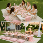 Beeveer 91 x 71 Extra Large Outdoor Boho Picnic Blanket with Pink Table Runner, 6 Throw Pillow Covers 6 Napkins Woven Cotton Yarn Oversize Beach Blanket Washable Picnic Camp Wedding - color: Pink