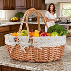 Large Wicker Picnic Basket with Handles,Handle Sturdy Woven Body with Removable and Washable Lining,Outdoor Camping,Gift Packing,Garden Picking, Storage.Yellow Flower - color: Yellow Flower