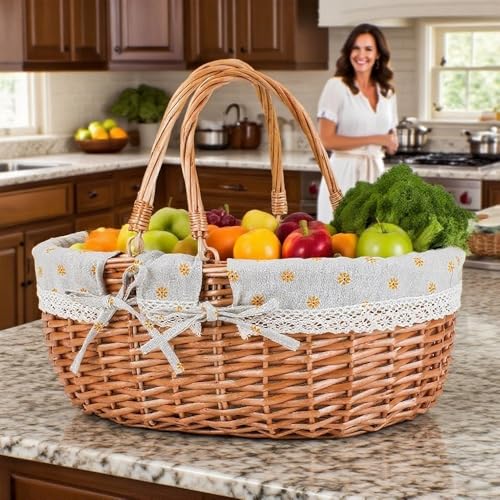 Large Wicker Picnic Basket with Handles,Handle Sturdy Woven Body with Removable and Washable Lining,Outdoor Camping,Gift Packing,Garden Picking, Storage.Yellow Flower - color: Yellow Flower
