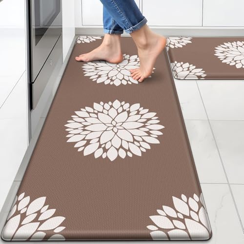 Kitchen Mats for Floor [2PCS], Soft Anti Fatigue Kitchen Rugs for Home, Water Resistant Cushioned Standing Desk Mats, Non-Slip Comfort Mat for Floor, Kitchen, Office, Sink, Laundr, Brown - color: Khaki, size: 17.3" x 47" + 17.3" x 30"